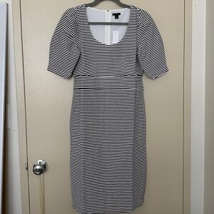 Ann Taylor Black and White Striped Midi Dress